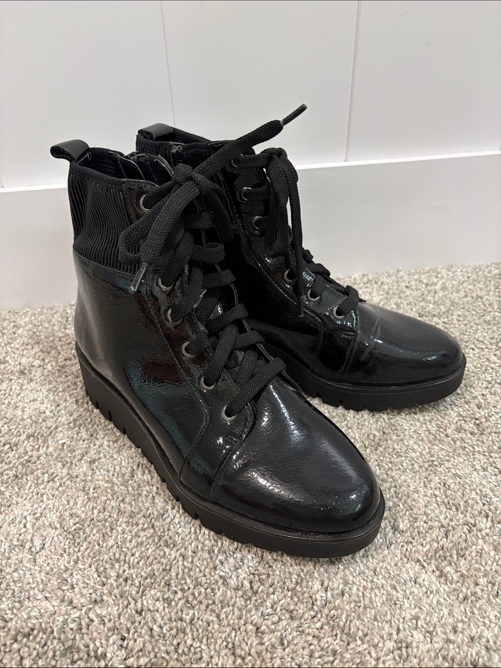Anne Klein Black Patent Lace-Up Combat Boots